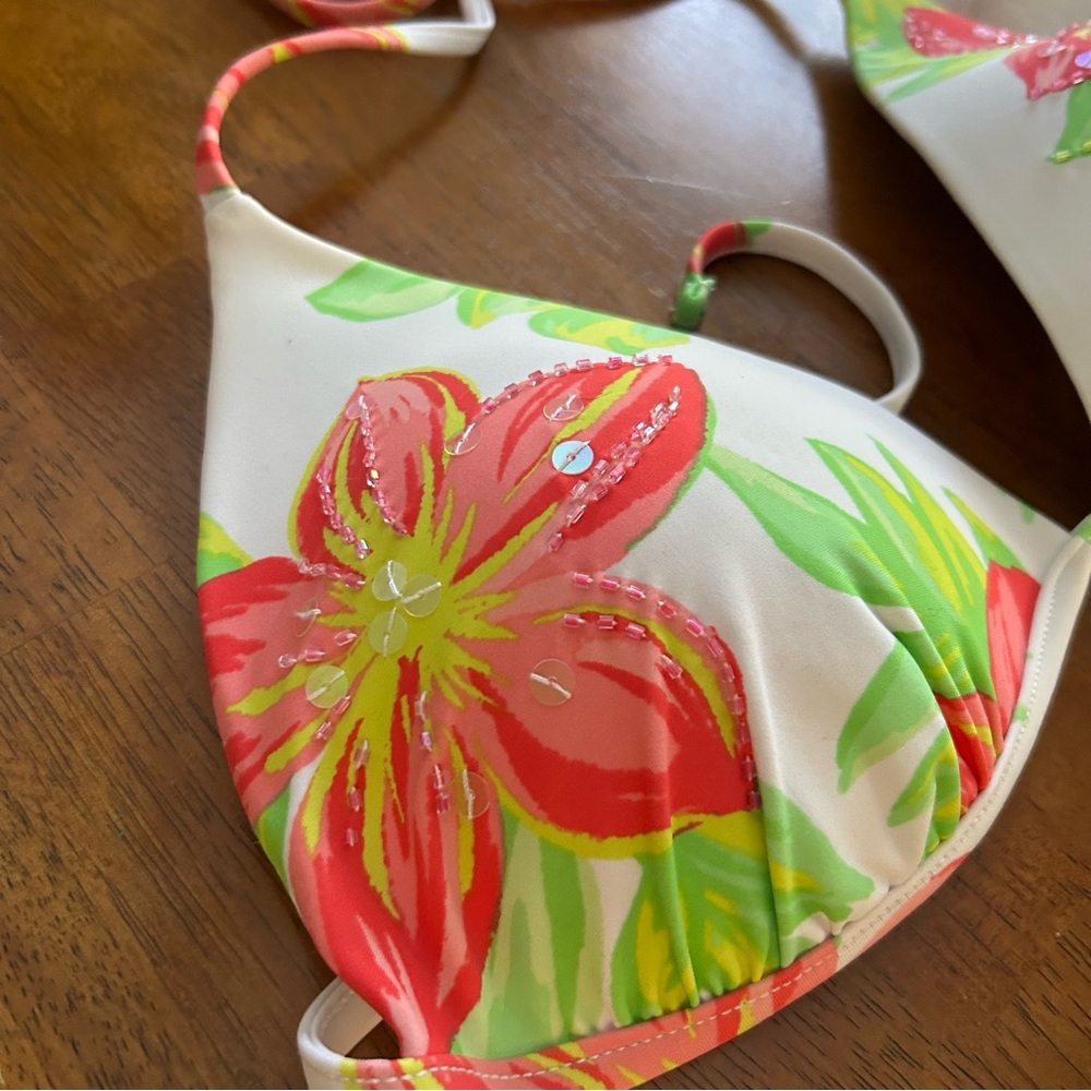 Tropical Floral Bikini Top Women XL Beaded Hibiscus Triangle Swim Pink Green - Picture 3 of 9